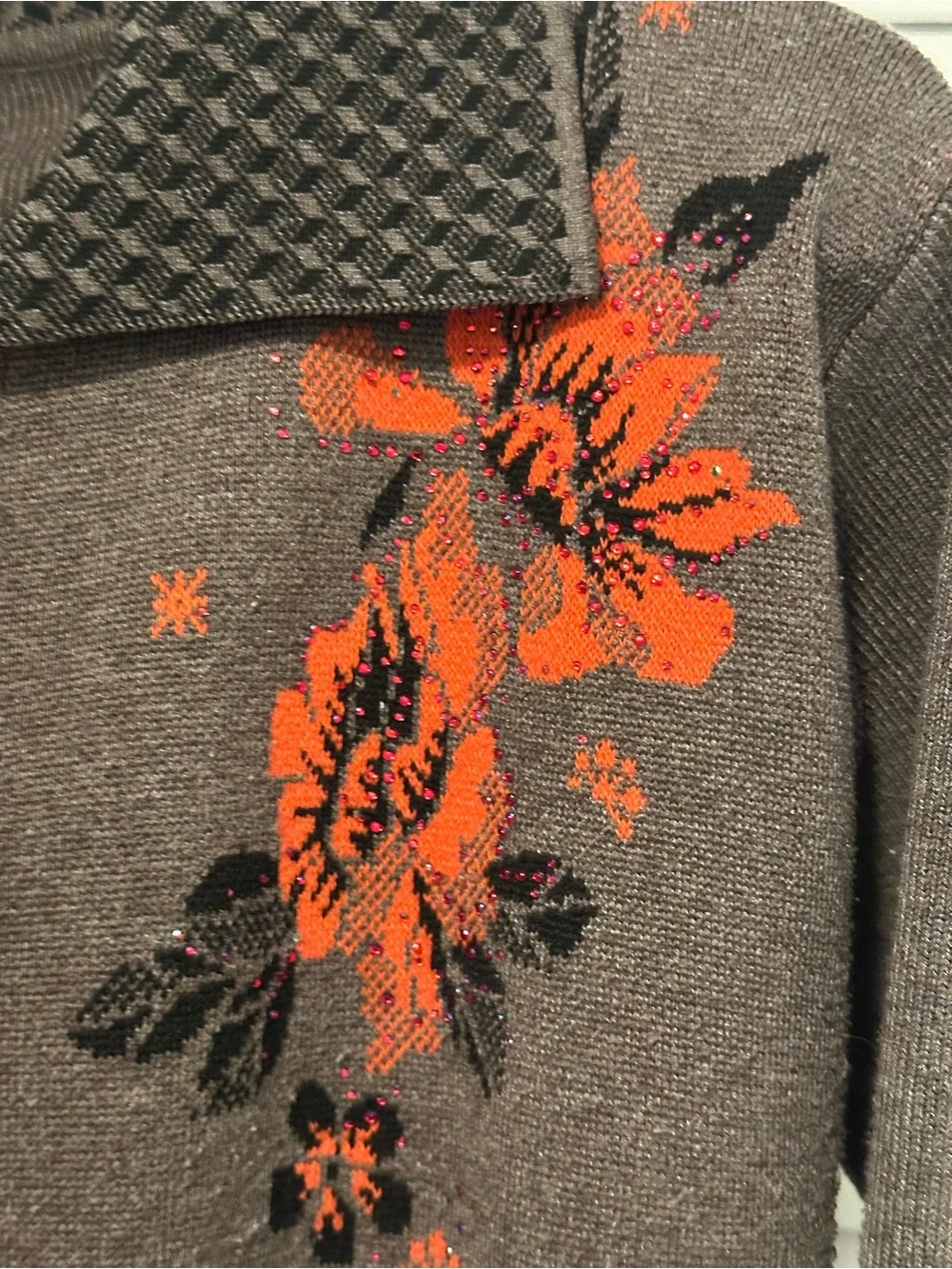 Brown Button-Up Cardigan with Orange Floral Accent